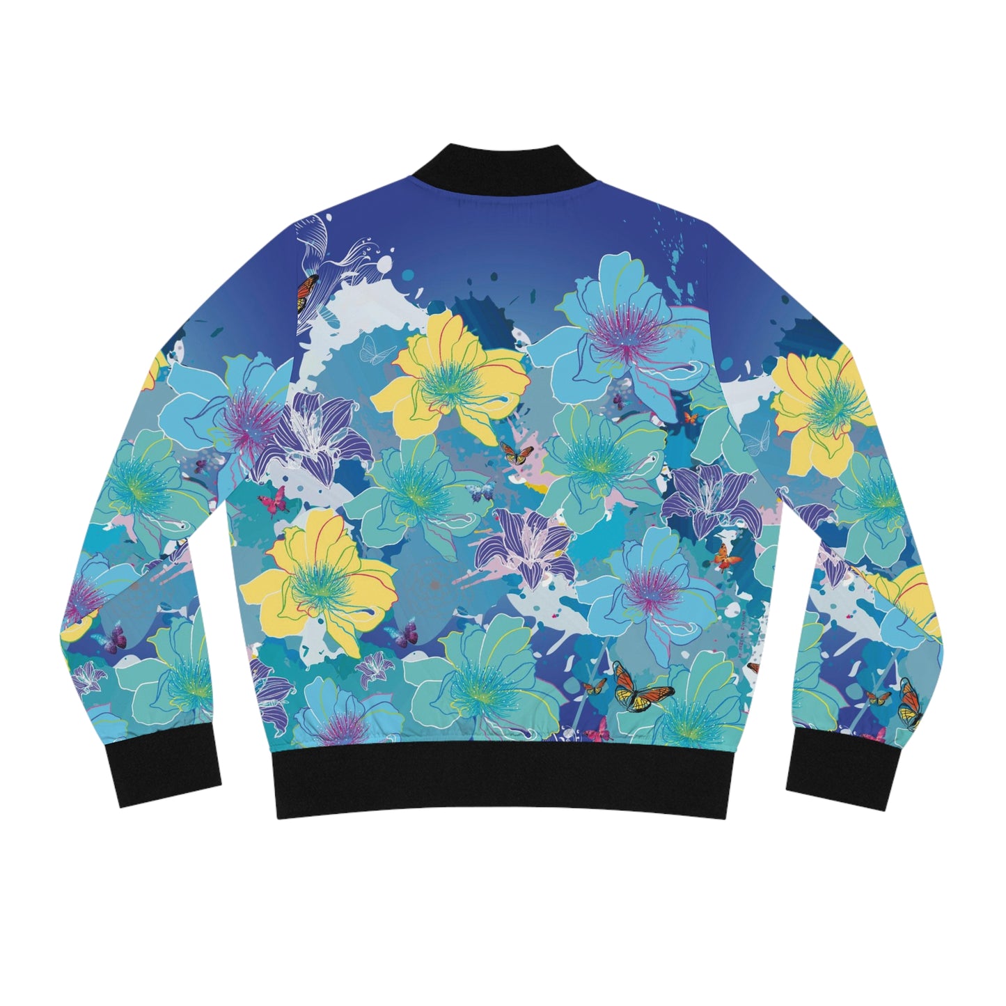 Floral Splash Bomber Jacket — Blue & Yellow All-Over Print
