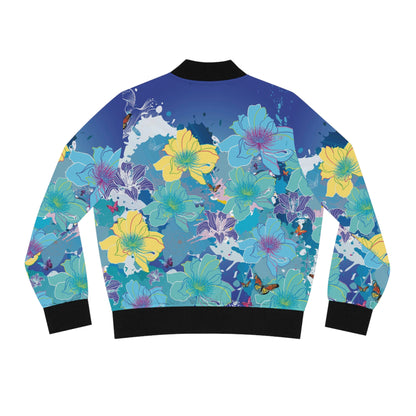 Floral Splash Bomber Jacket — Blue & Yellow All-Over Print