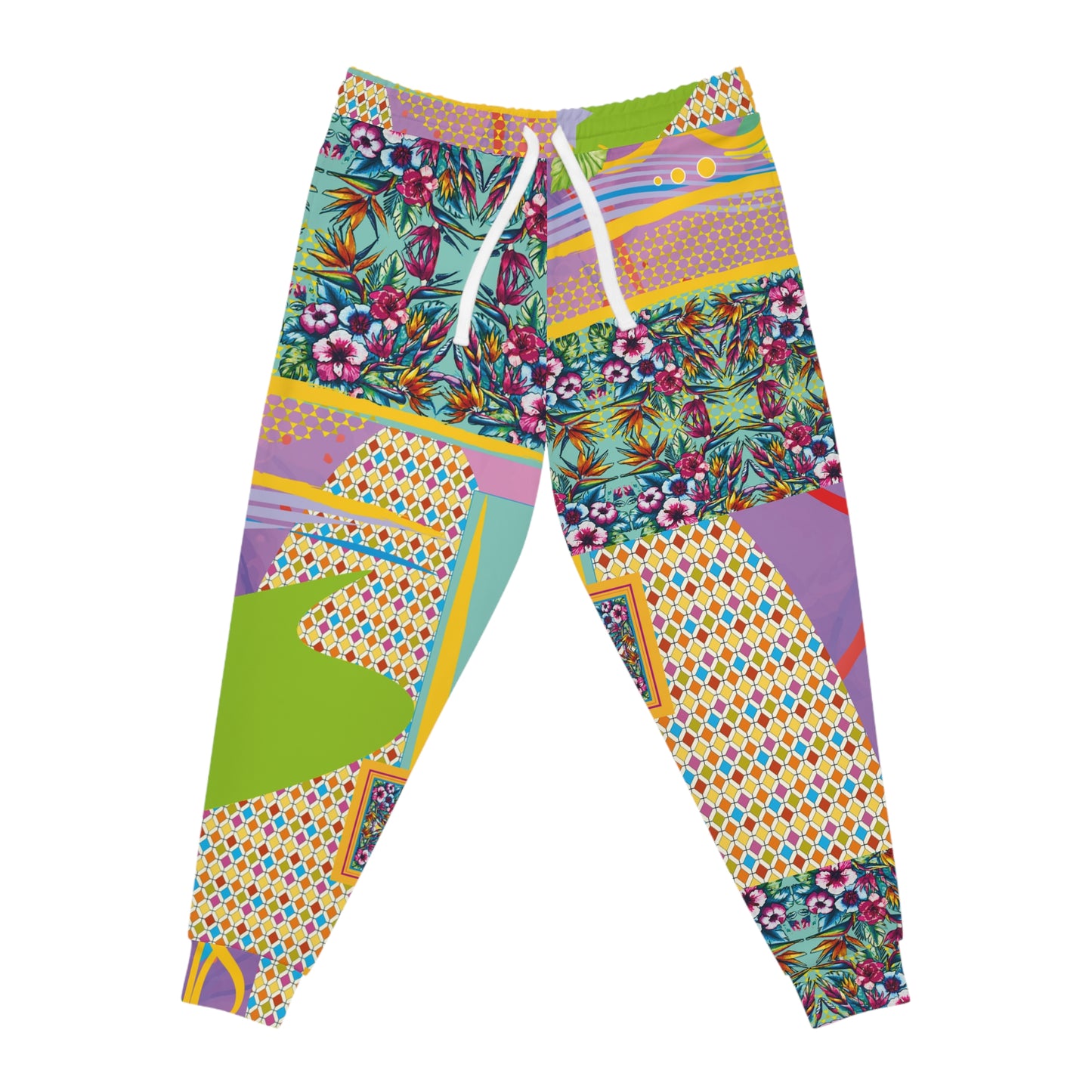 Patchwork Floral Athletic Joggers — Colorful All-Over Print Sweatpants