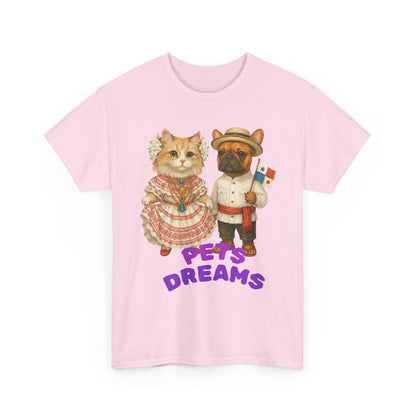 T-Shirt — "Pets Dreams" Vintage Cat & Dog Graphic Tee (Cute French-Themed Pet Couple)