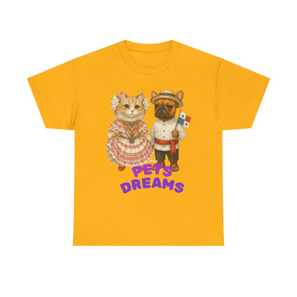 T-Shirt — "Pets Dreams" Vintage Cat & Dog Graphic Tee (Cute French-Themed Pet Couple)