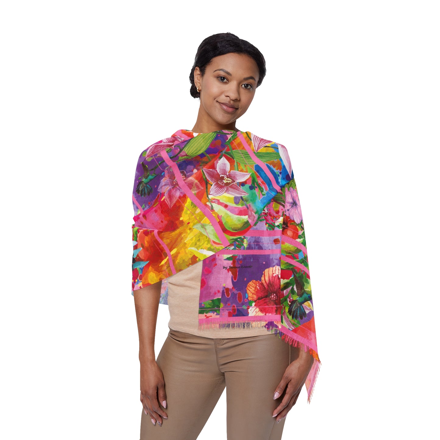 Floral Watercolor Light Scarf — Vibrant Pink Garden Wrap for Spring & Summer